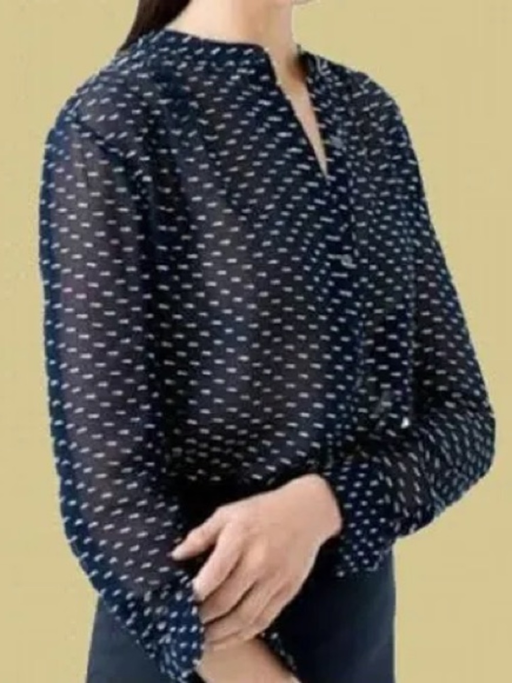 J. Crew 100% Silk Embellishment Sheer Blouse Long Sleeve Navy Sz 8 Career